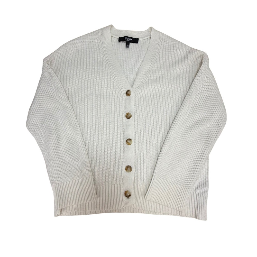 Hudson Los Angeles Cardigan L White Ribbed 100% Cotton V-Neck Button Sweater